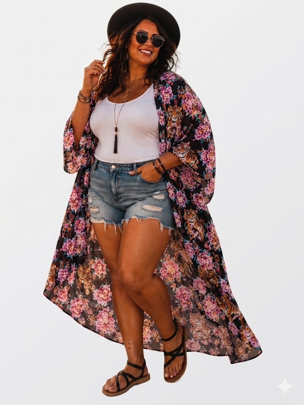 Torrid Tiger & Floral High-Low Kimono Cover Up Size 3/4 NWT Boho Festival